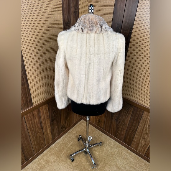 BEAUTIFUL CREAM COLORED MINK & SPOTTED BOBCAT CAT LYNX FUR COLLAR JACKET COAT S - Picture 5 of 11